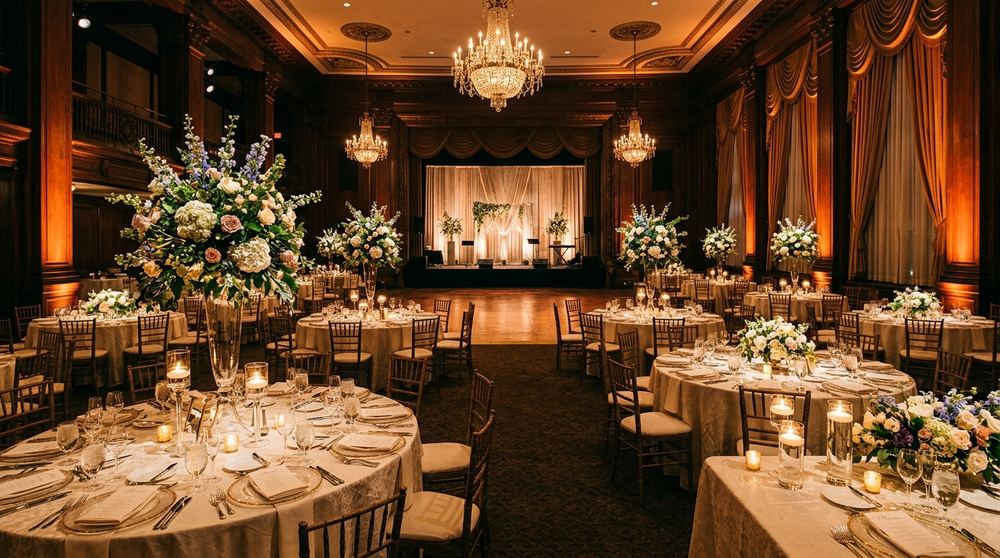 Staged gala dinner room with floral centrepieces at a Singapore venue