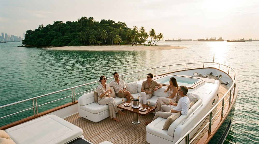 Private yacht charter off Singapore's Southern Islands at golden hour